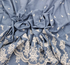 Blue White Linen Daman Cutwork Embroidery