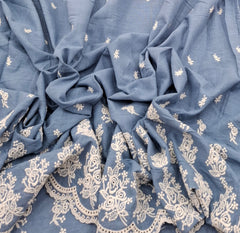 Blue White Linen Daman Cutwork Embroidery
