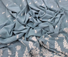 Pastel Blue White Linen Daman Cutwork Embroidery
