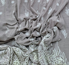 Mouse Grey White Linen Daman Cutwork Embroidery