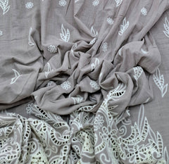 Mouse Grey White Linen Daman Cutwork Embroidery