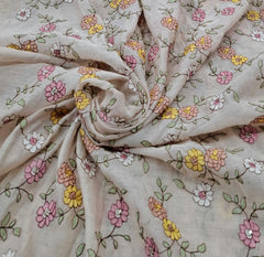Beige Floral Multicolor Threadwork Jal Mul Chanderi Embroidery