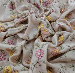 Beige Floral Multicolor Threadwork Jal Mul Chanderi Embroidery