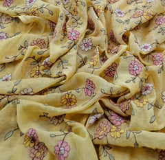 Lemon Yellow Floral Multicolor Threadwork Jal Mul Chanderi Embroidery