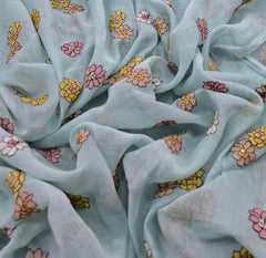 Light Blue Floral Multicolor Threadwork Butti Mul Chanderi Embroidery