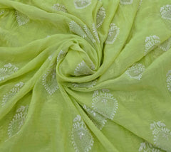Light Lime Green Threadwork Butti Mul Chanderi Embroidery