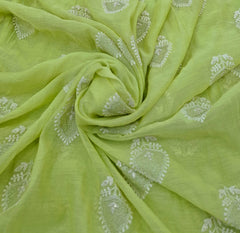 Light Lime Green Threadwork Butti Mul Chanderi Embroidery