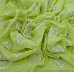 Light Lime Green Threadwork Butti Mul Chanderi Embroidery