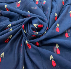 Navy Blue Flower Threadwork Mul Chanderi Embroidery