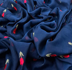 Navy Blue Flower Threadwork Mul Chanderi Embroidery