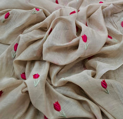 Beige Flower Threadwork Mul Chanderi Embroidery