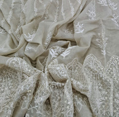 Beige White Thread and Sequins Daman Mul Chanderi Embroidery
