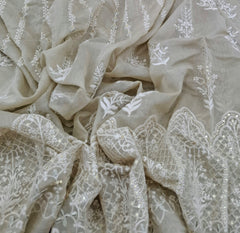Beige White Thread and Sequins Daman Mul Chanderi Embroidery
