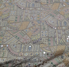 Beige Geometric Multicolor Thread and Mirrorwork Slub Silk Embroidery