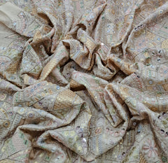 Beige Geometric Multicolor Thread and Mirrorwork Slub Silk Embroidery