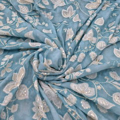Blue Floral Jal Print and Muslin Cotton Embroidery