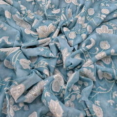 Blue Floral Jal Print and Muslin Cotton Embroidery