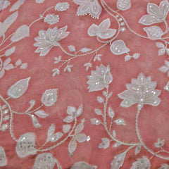 Peach Floral Jal Print and Muslin Cotton Embroidery