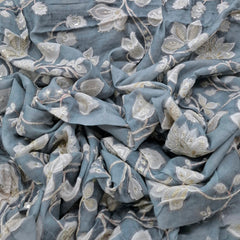 Bluish Grey Floral Jal Print and Muslin Cotton Embroidery