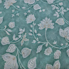 Sea Green Floral Jal Print and Muslin Cotton Embroidery