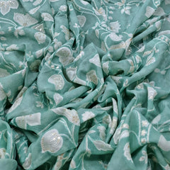 Sea Green Floral Jal Print and Muslin Cotton Embroidery