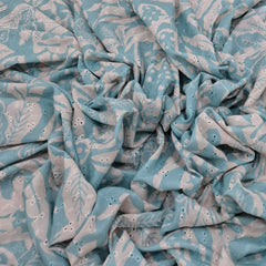 Sea Blue Floral Print and Hakoba Cotton Embroidery