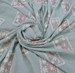 Pastel Blue Multicolor Patchwork Wrinkled Chanderi Embroidery