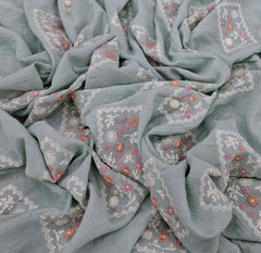 Pastel Blue Multicolor Patchwork Wrinkled Chanderi Embroidery