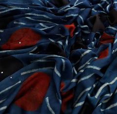 Blue Red Modal Satin Striped Mirrorwork Ajrakh Print