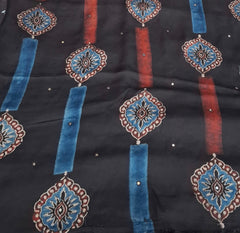 Black Red Blue Modal Satin Striped Mirrorwork Ajrakh Print