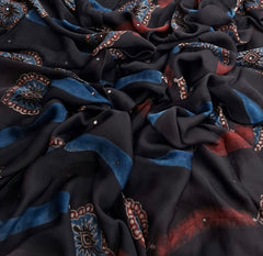 Black Red Blue Modal Satin Striped Mirrorwork Ajrakh Print
