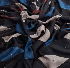 Black Blue Modal Satin Leaf Ajrakh Print