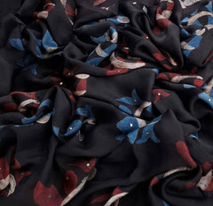 Black Red Blue Floral Modal Satin Ajrakh Print