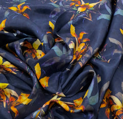 Blue Yellow Floral Habutai Silk Printed