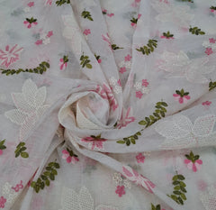 Off White Pink Floral Jal Thread Mul Chanderi Embroidery