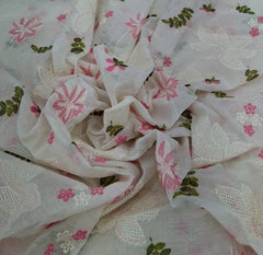 Off White Pink Floral Jal Thread Mul Chanderi Embroidery