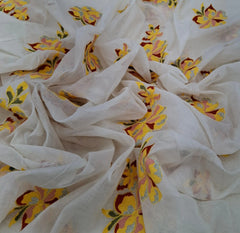 Off White Yellow Floral Thread Mul Chanderi Embroidery