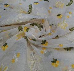 Off White Yellow Floral Jal Thread Mul Chanderi Embroidery