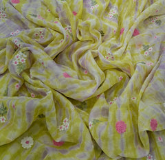 Lime Green Lavender Tye Dye Floral Thread Mul Chanderi Embroidery