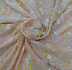 Peach Blue Tye Dye Tree Thread Mul Chanderi Embroidery