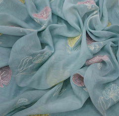 Sky Blue Floral Thread Mul Chanderi Embroidery