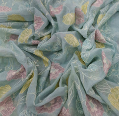 Sky Blue Floral Jal Thread Mul Chanderi Embroidery