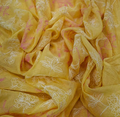 Yellow Pink Floral Jal Thread Mul Chanderi Embroidery