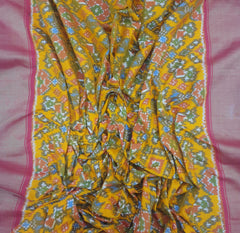 Mango Yellow & Pink Border Patola Pure Silk Double Weaving Ikkat