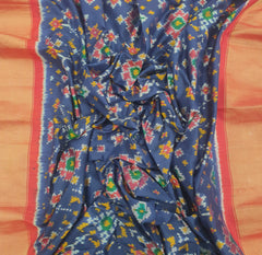 Navy Blue & Red Border Patola Pure Silk Double Weaving Ikkat