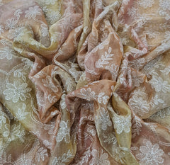 Yellow Pink Shaded Multi Embroidered Pure Tissue Silk