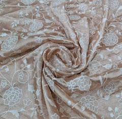 Light Peach Floral Applique Embroidered Pure Silk Tissue