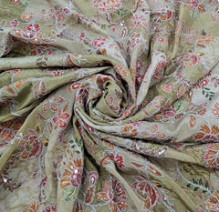 Pastel Green Floral Print Position Embroidered Crepe