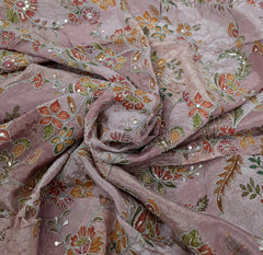 Pink Floral Print Position Embroidered Crepe