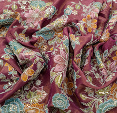 Maroon Wine Floral Print Position Embroidered Tissue